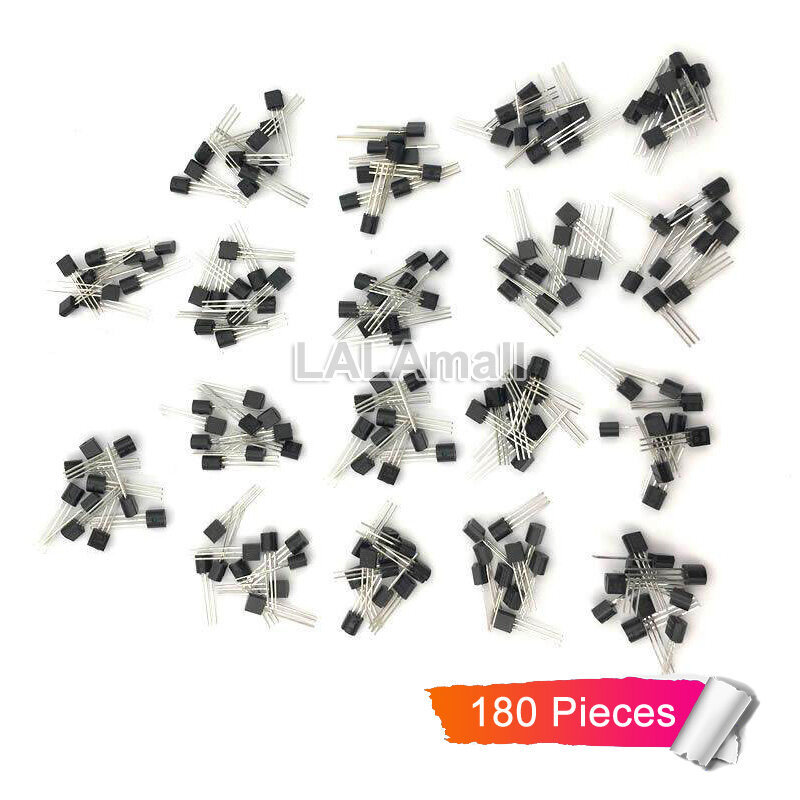 180pcs ส่วนประกอบทรานซิสเตอร์ชุดสารพัน TO-92, S9012 S9013 S9014 S9015 S9018 A1015 C1815 A42 A92 A733
