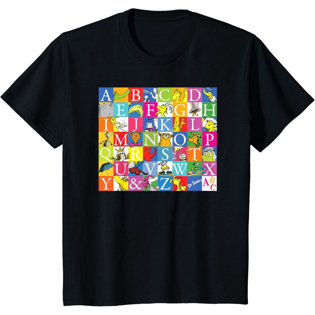 เสื้อยืดสีเหลืองอําพันสําหรับเด็กและผู้ใหญ่ 24ส ดร. เสื้อยืดผ้าฝ้าย Combed Seuss A to Z