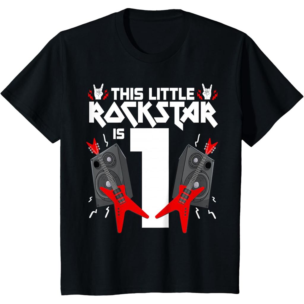 เสื้อยืดผ้าฝ้ายผู้ชาย 1 ปี Rock และ Roll Star Birthday Party กีตาร์ 1st เสื้อยืดคุณภาพสูงผ้าฝ้ายสั้น