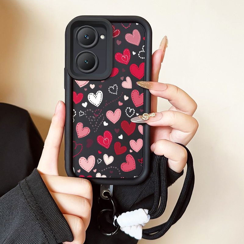เคสสำหรับ VIVO Y03 Y03T Y18 Y18i Y18e Y18t Y18s Y28e 5G เคสโทรศัพท์มีสีสันรูปหัวใจสายคล้องสามสีซิลิโคนกันกระแทก