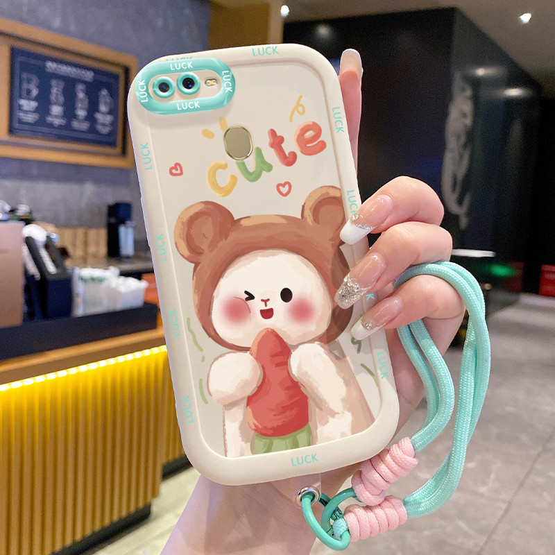 เคสสำหรับ OPPO A7 A5s A12 A12s A11K เคสโทรศัพท์กระต่ายกับแครอทซิลิโคนสายคล้อง