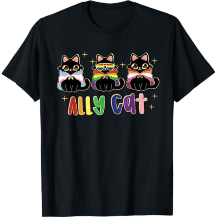 Ally Cat Rainbow Pride Flag Gay Pride Month 2025 เสื้อยืด