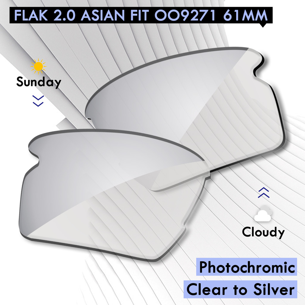 Photochromic Clear to Silver-AUTO เลนส์สําหรับ Flak 2.0 Asian Fit OO9271 61 มม.แว่นกันแดด