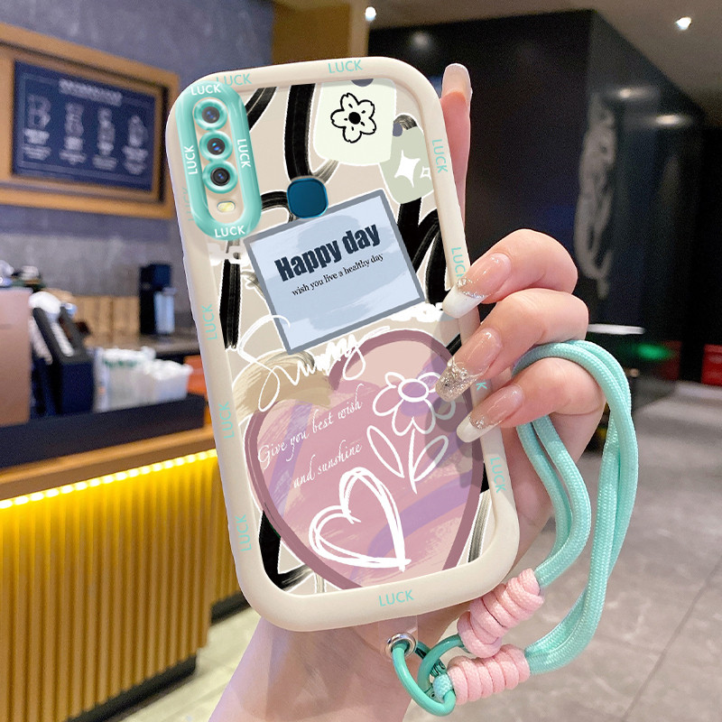 เคสสำหรับ VIVO Y12 Y15 Y17 Y11 2019 Y12i Y3 Y3s 2020 เคสโทรศัพท์รูปหัวใจดอกไม้ซิลิโคนสายคล้องกันกระแทก