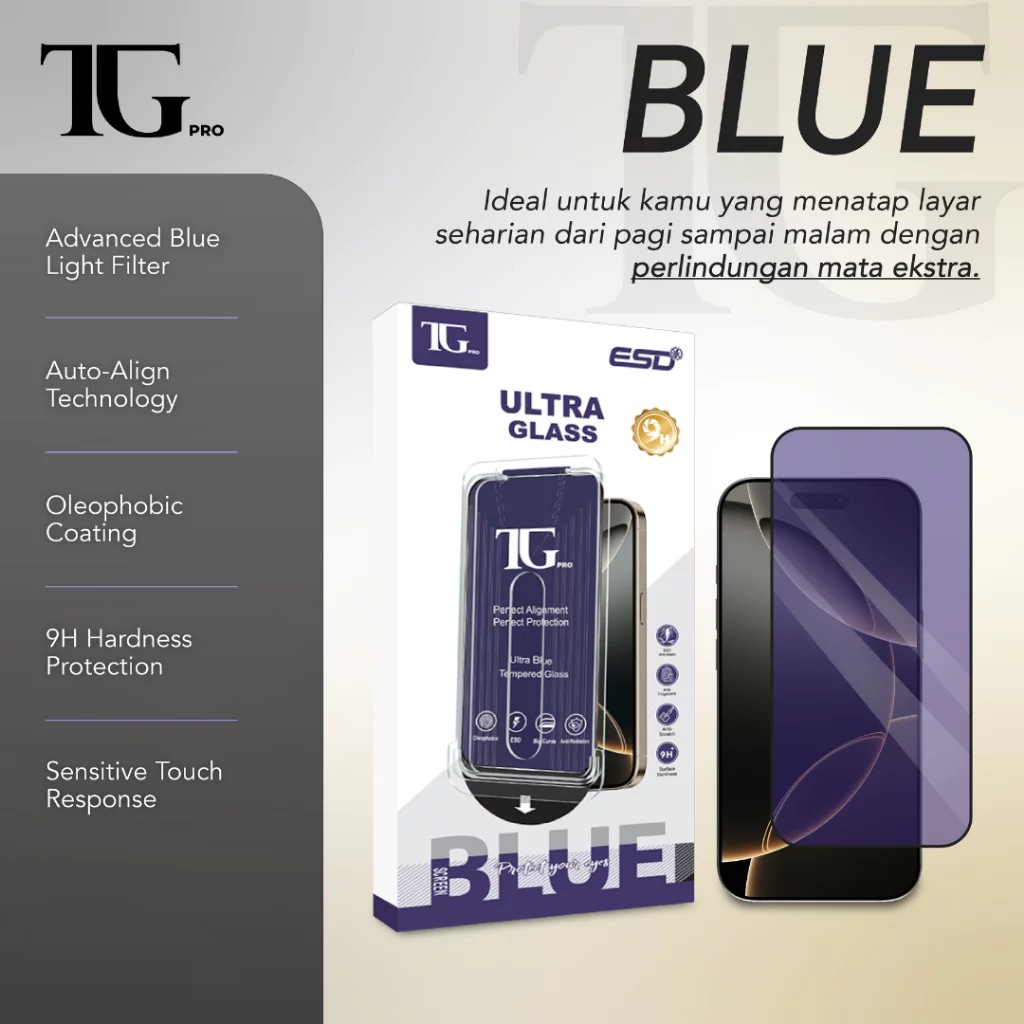 TGPRO กระจกนิรภัยสีฟ้าสําหรับ iPhone 18 Pro (คลุมทั้งหมด + อุปกรณ์ป้องกันดวงตา + ถาดจัดตําแหน่งอัตโน