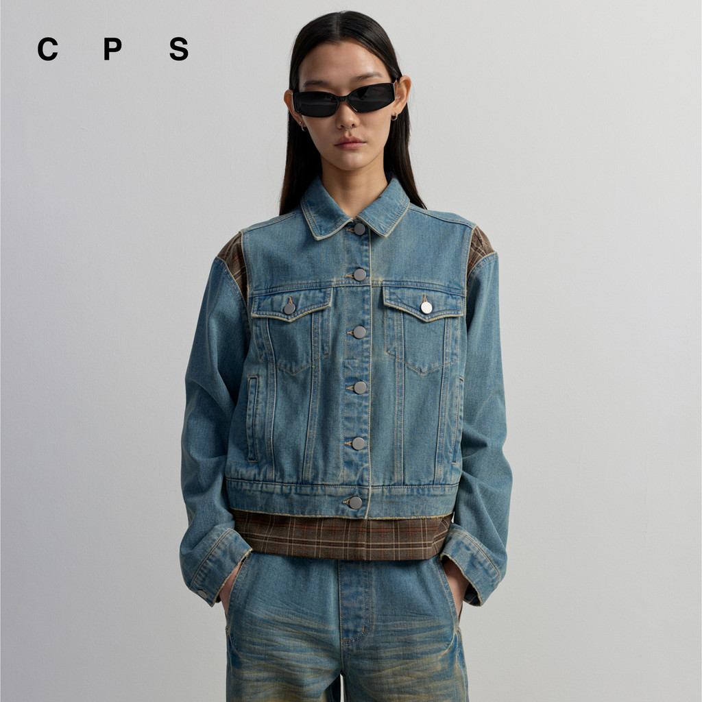 CPS แจ็คเก็ตยีนส์ต่อผ้าลายตาราง ผู้หญิง CHECKED DENIM JACKET รุ่น C26WGWA001 (AW26#A3)