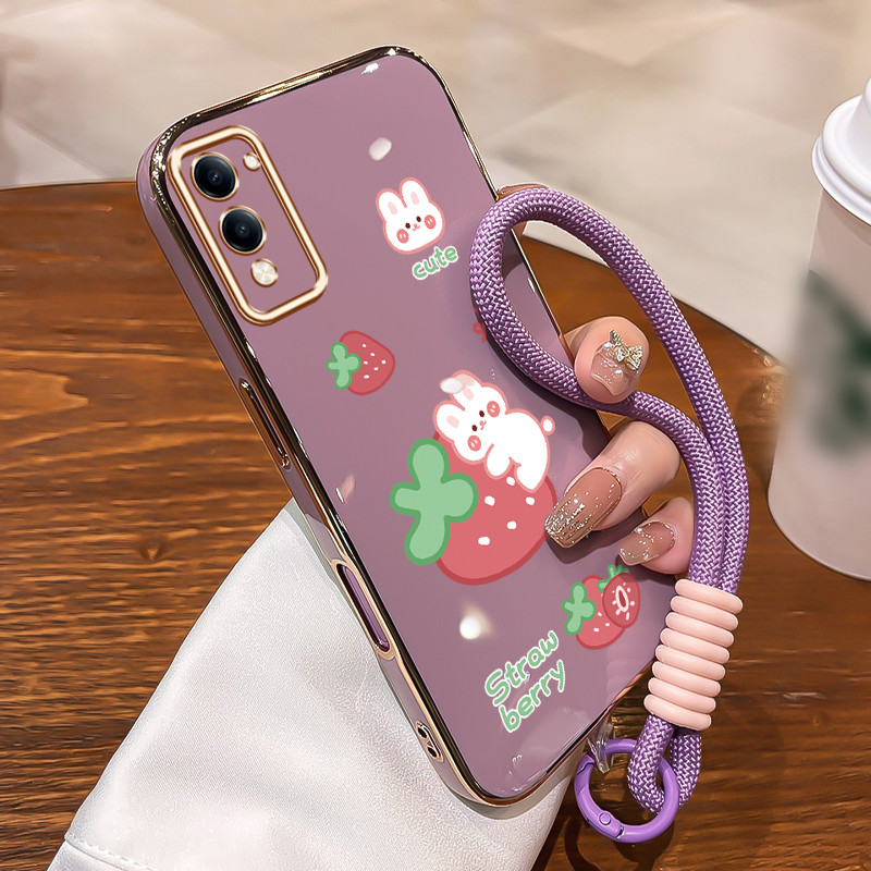 HPเคสโทรศัพท์สําหรับVIVO Y04 Y29s 5G Y19 5G T4 Lite 5Gกรณีการ์ตูนสตรอเบอร์รี่กระต่ายKasing Gold-Plat