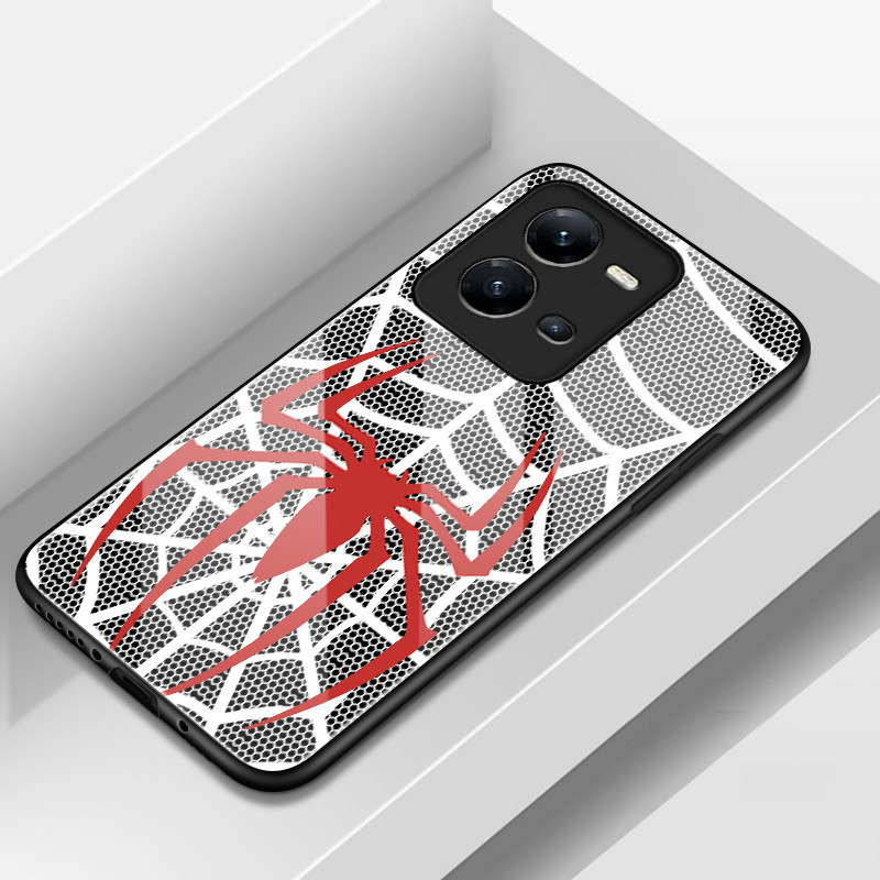 HP MERAH เคสโทรศัพท์สําหรับ VIVO V25 5G V25E 4G กรณี Spider Web รูปแบบสีแดงสีขาวเคสโทรศัพท์ Hard Gla