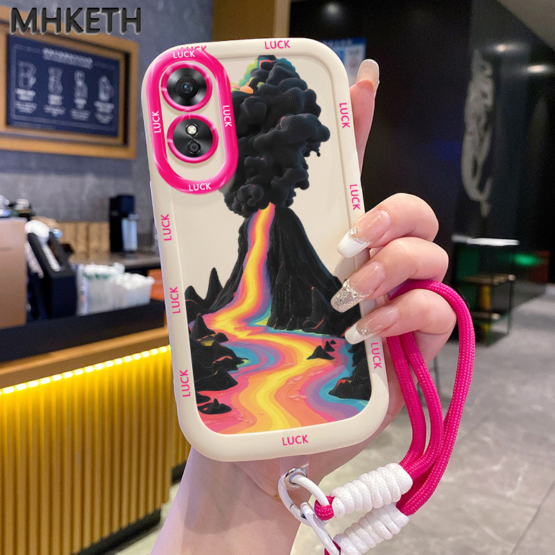 MHKETH เคสสำหรับ OPPO A17 A17K เคสโทรศัพท์แบบคล้องคอลายภูเขาไฟส่วนตัว