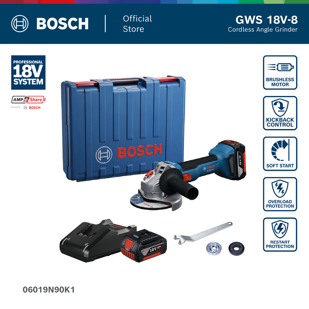BOSCH GWS 18V-8 Professional เครื่องเจียรไร้สาย 18V 100มม. (ชุดอุปกรณ์) (รหัส 06019N90K1)
