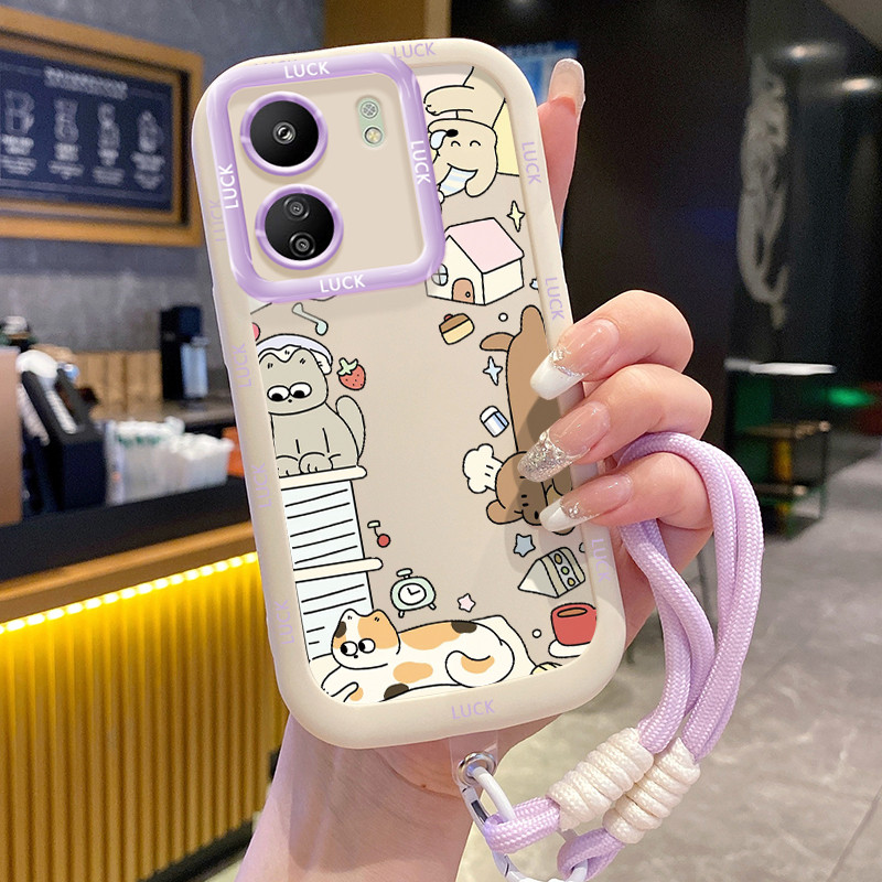 เคสสำหรับ Xiaomi Redmi 13C เคสโทรศัพท์แมวสุนัขสายคล้องซิลิโคนกันกระแทก