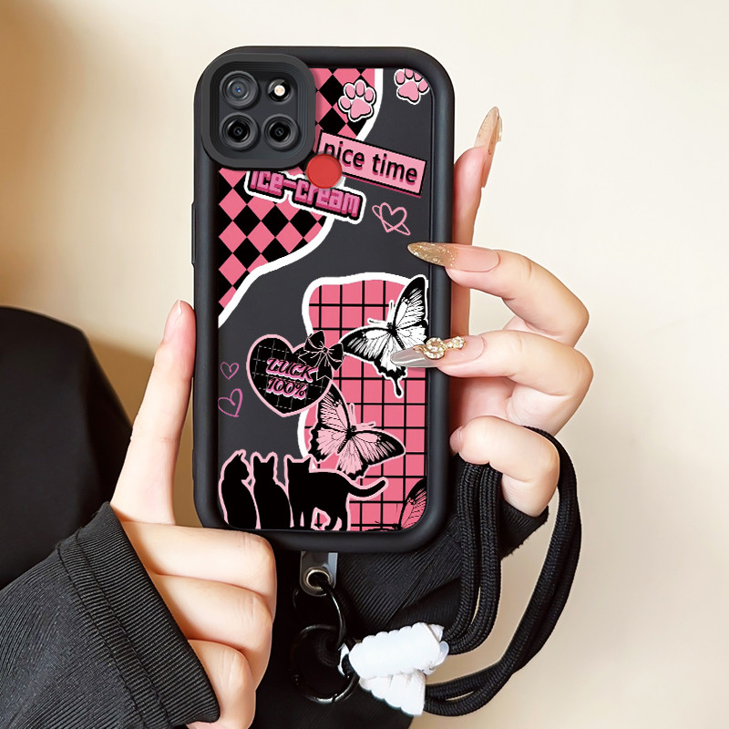 เคสสำหรับ Realme C12 C25 C25s Narzo 20A Narzo 30A Narzo 50A เคสโทรศัพท์แมวผีเสื้อสายคล้องสามสีซิลิโคนกันกระแทก