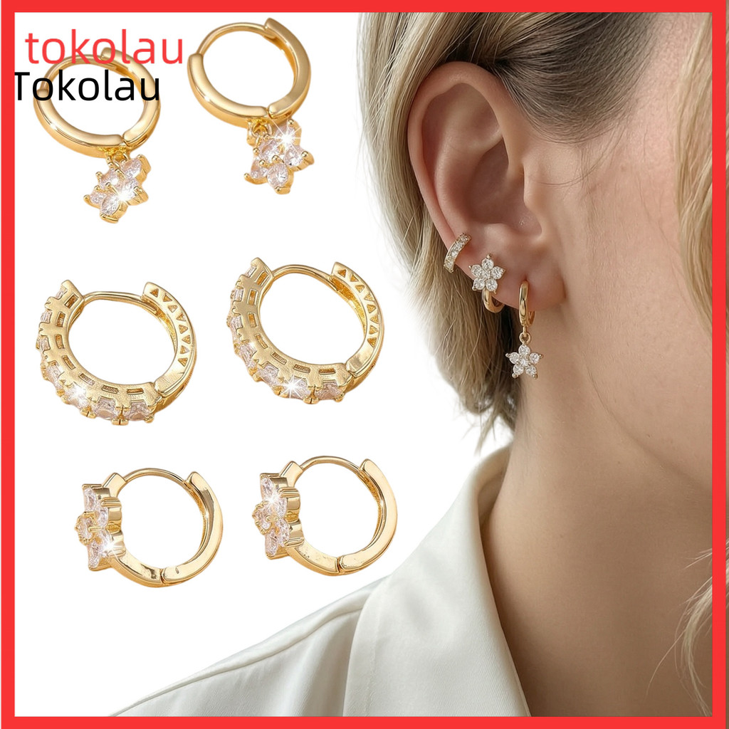{88}3 คู่ Star Zirconia ดอกไม้ Drop ต่างหู, Minimalist Dangle ต่างหูสําหรับผู้หญิง, Hypoallergenic S