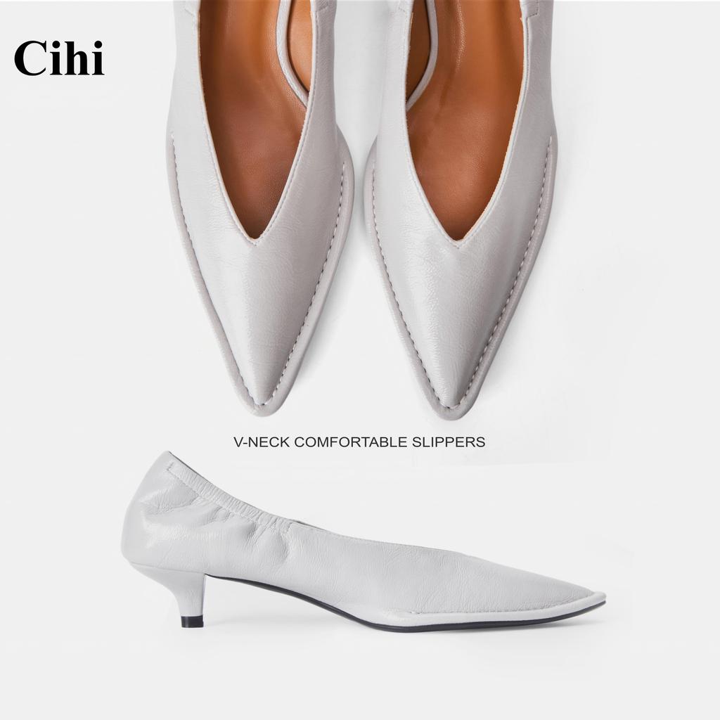 Cihi รองเท้าส้นสูง หัวแหลม ปากรูปตัววี หนังย่น ส้นแมว รองเท้าแตะมิวเลอร์ สไตล์วินเทจ สวมใส่กลางแจ้ง สบายเท้า