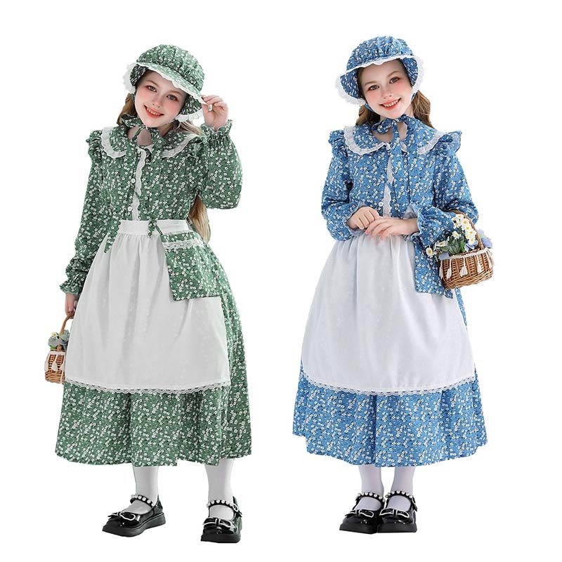 เด็ก Colonial Pioneer Girl คอสเพลย์เครื่องแต่งกาย Prairie Blue Maid ชุดแฟนซีพร้อมผ้ากันเปื้อน Bonnet