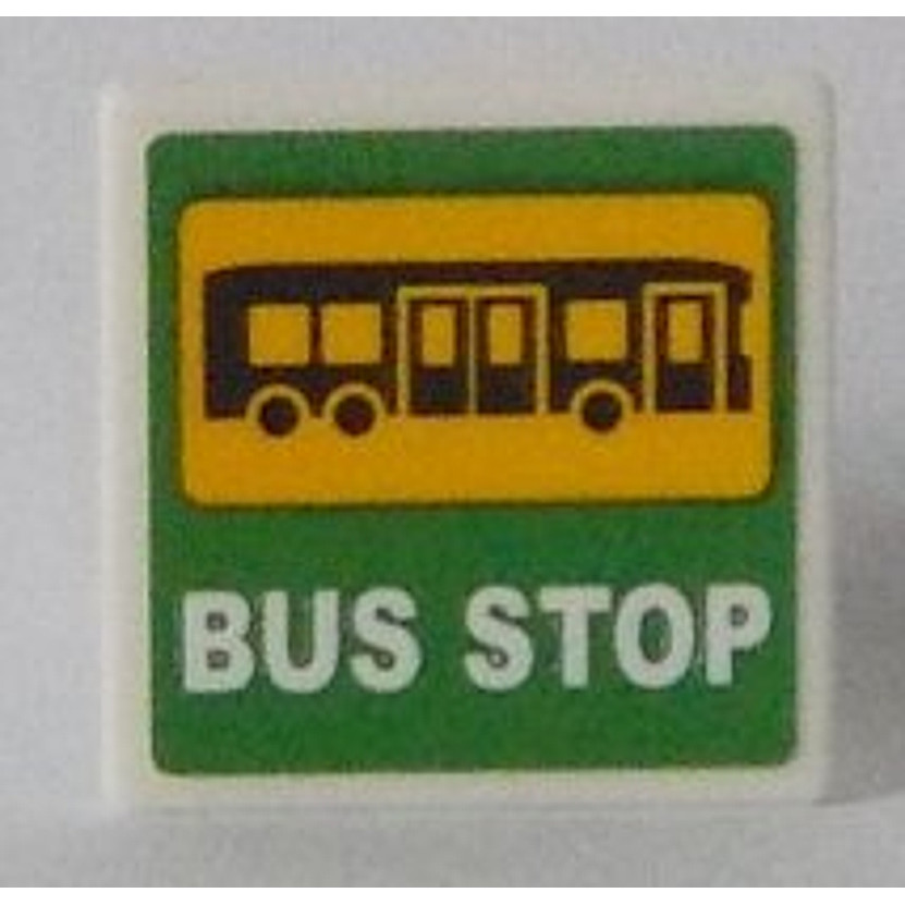 Brick2cube Part - Road Sign 2 x 2 Square with Open O Clip with Bus and 'BUS STOP' on Green Backgroun