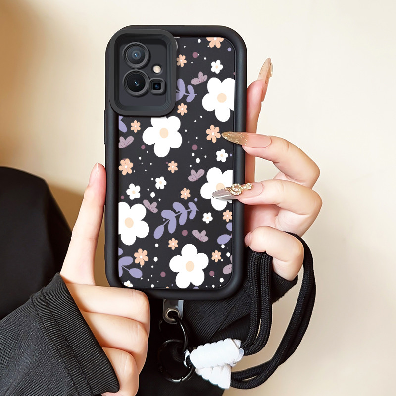 เคสสำหรับ VIVO Y75 Y55 5G Y55s Y33s Y33e Y30 5G Y52T T1 5G เคสโทรศัพท์ดอกไม้สายคล้องสามสีซิลิโคนกันกระแทก ราคา ถูกที่สุด ดีลบีเคเค
