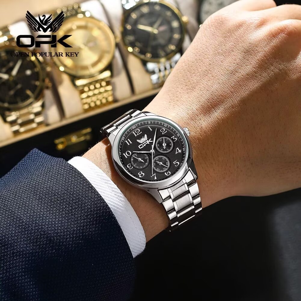 ตกลง นาฬิกาสําหรับผู้ชายกันน้ําเดิมสแตนเลสสีเงินสีดําแฟชั่นนาฬิกาข้อมือเกาหลี6012