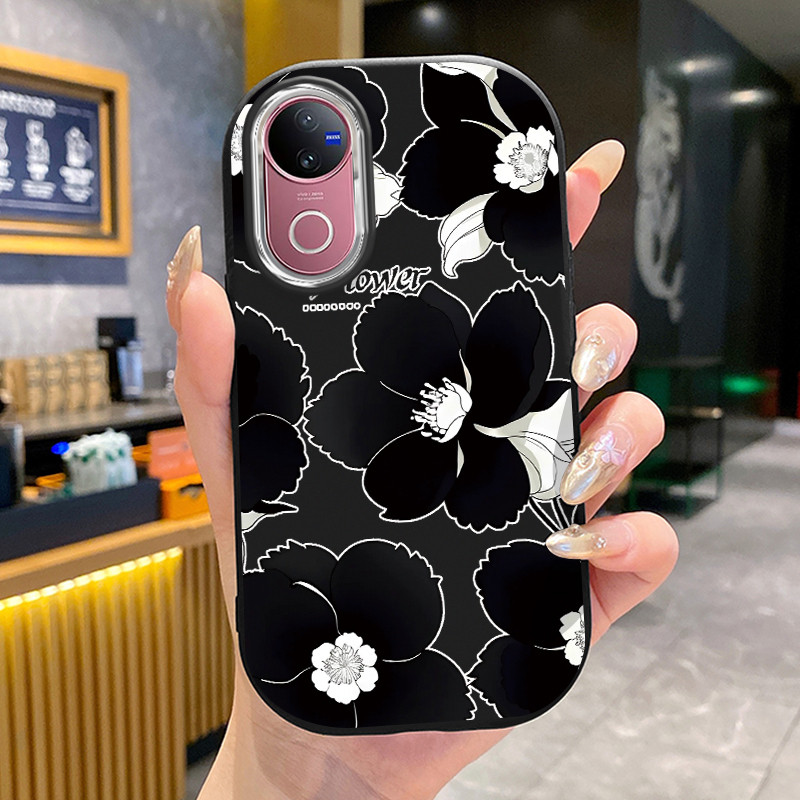 เคสสำหรับ VIVO V50 5G V50E 5G V50 Lite 5G เคสTPUกันกระแทกลายดอกไม้ดำขาว