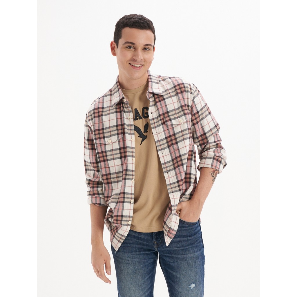American Eagle เสื้อเชิ้ตผู้ชาย INTL GRAHAM PLAID LIGHTWEIGHT FLANNEL สี FROSTY CREAM - 015-2316-102