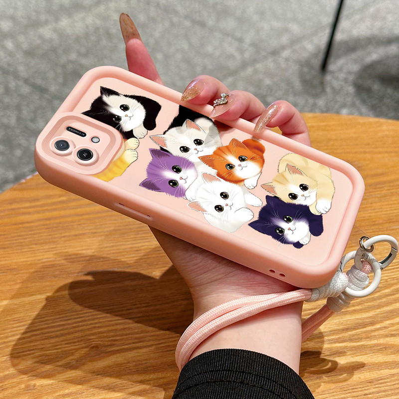 เคสสำหรับ OPPO A16K A16E เคสโทรศัพท์ฝูงแมวบุคลิกซิลิโคนสายคล้อง