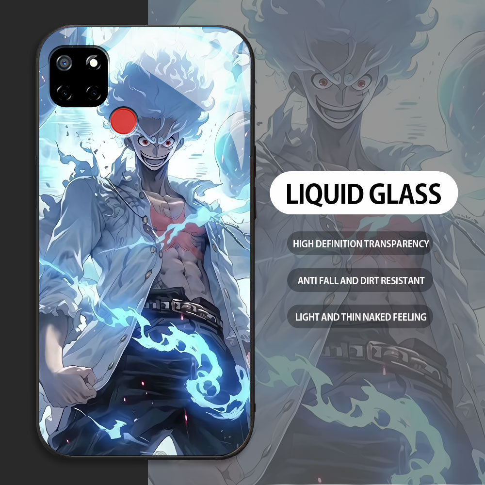 Realme Q Q5I V5 V13 Q3I Q3 5G V23 K9X C17 C12 C25 C25S C35  เคสกระจก ลูฟฟี่-นิกะ ขอบนุ่ม + สายคล้อง