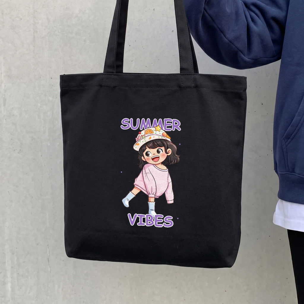 กระเป๋าผ้าแคนวาสพิมพ์ลาย Chibi น่ารักฤดูร้อน Vibes สาวผู้หญิงเหมาะกับ A4 แล็ปท็อปของขวัญโรงเรียน a-t