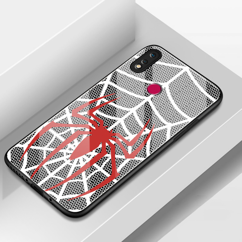 MERAH Casing Hp For Realme 3 3i C3 Case Casing spider net pattern - เคส HPสีแดงและสีขาว Hard glass S