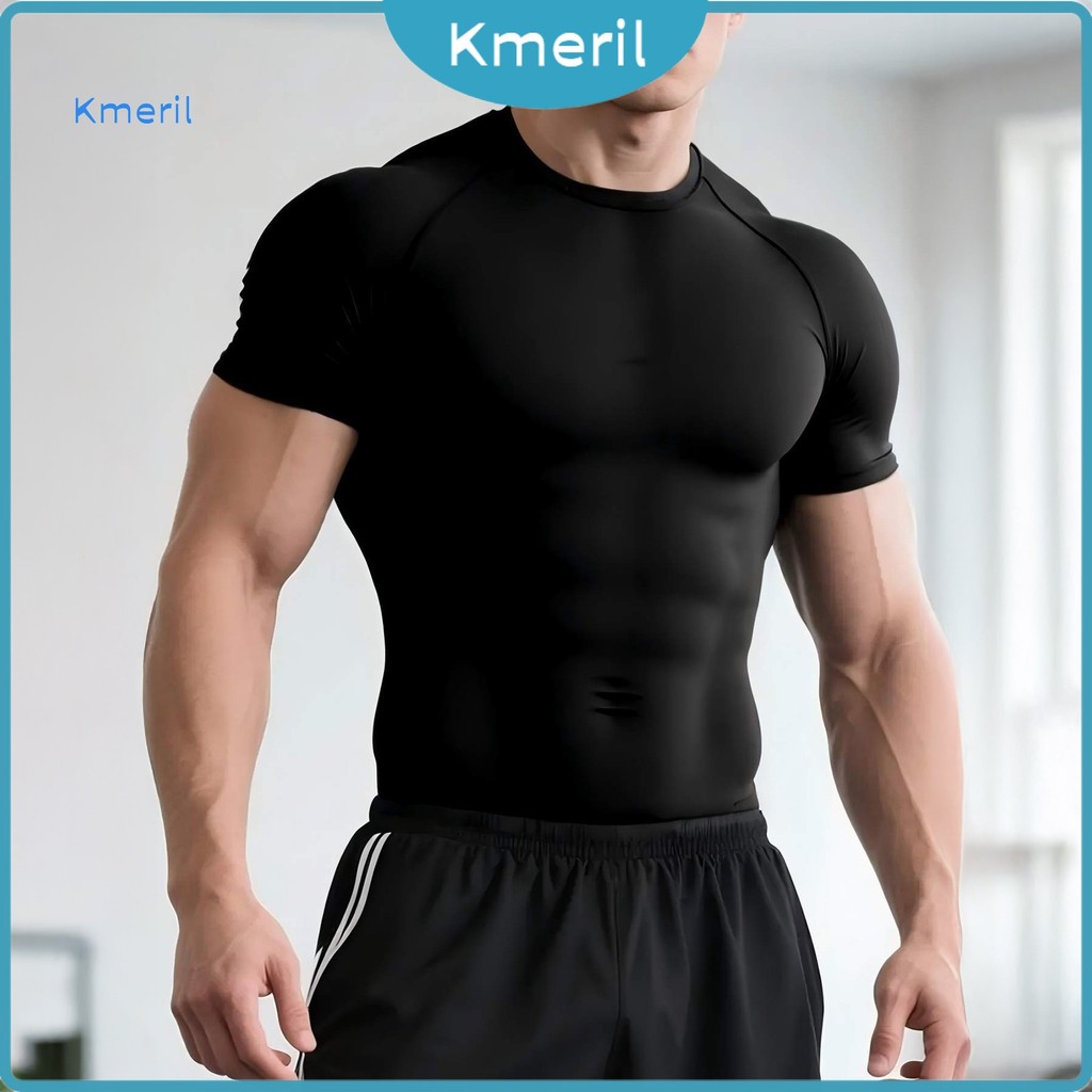 Men Gym Muscle Tee Crew Neck Tight Fit Athletic T-shirt Breathable Shaping T-shirt for Gym Sports Ou