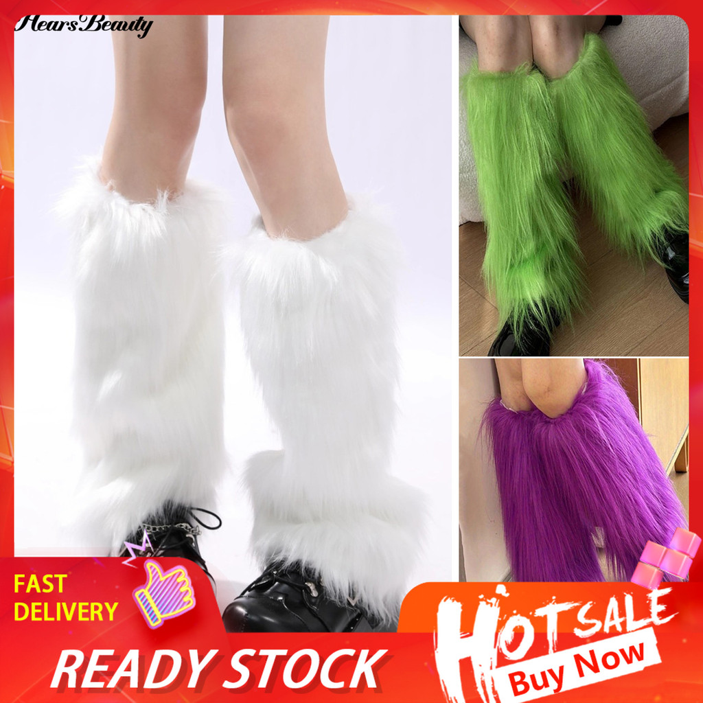 [HB] Faux Fur ขาอุ่นผู้หญิงสีทึบ Fuzzy ยาว Boot ครอบคลุม Fluffy Shaggy ขาอุ่นสําหรับคริสต์มาสเครื่องแต่งกาย