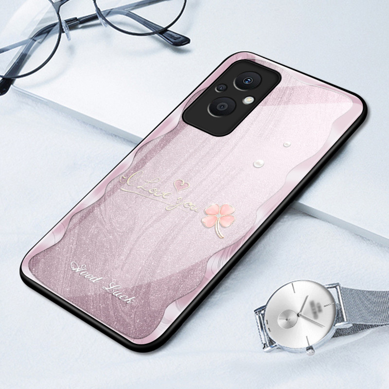 เคสสำหรับ OPPO Reno 7Z 5G Reno 8Z 5G Reno 7 Lite 8 Lite เคสโทรศัพท์ใบโคลเวอร์สี่แฉกเปลือกแก้วกันกระแทก