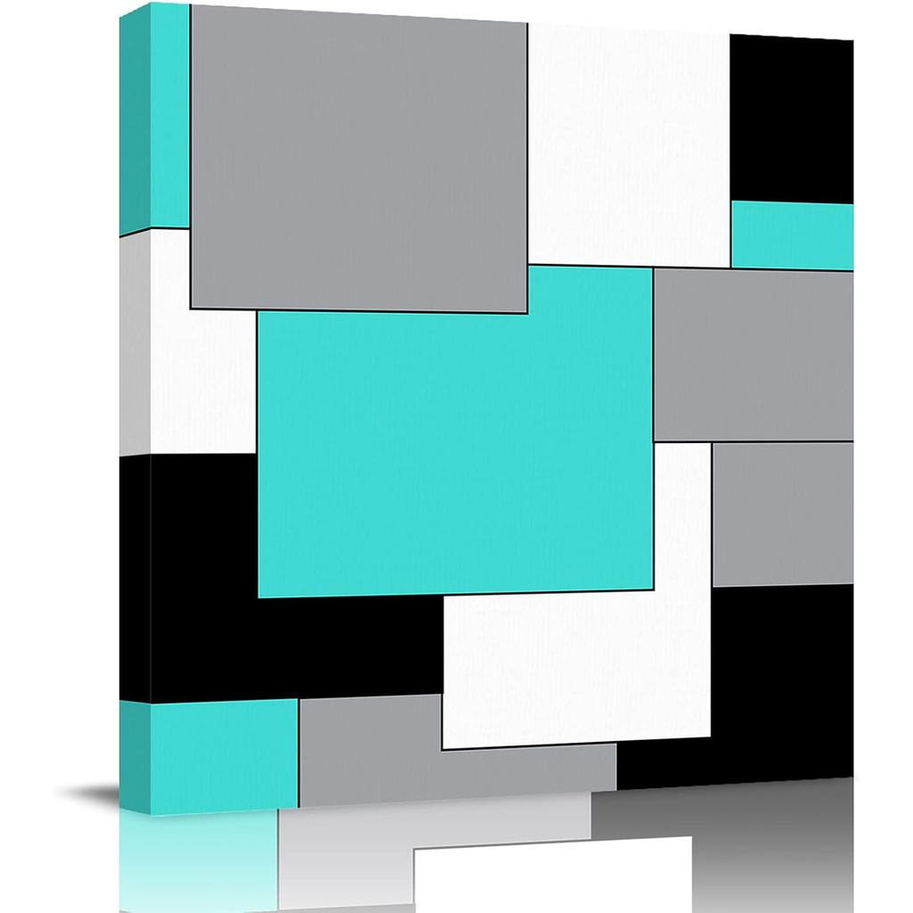 Wall Art สําหรับห้องนั่งเล่นกรอบผ้าใบพิมพ์บทคัดย่อ Art Turquoise สีดําและสีเทาเรขาคณิตรูปแบบแขวนภาพส