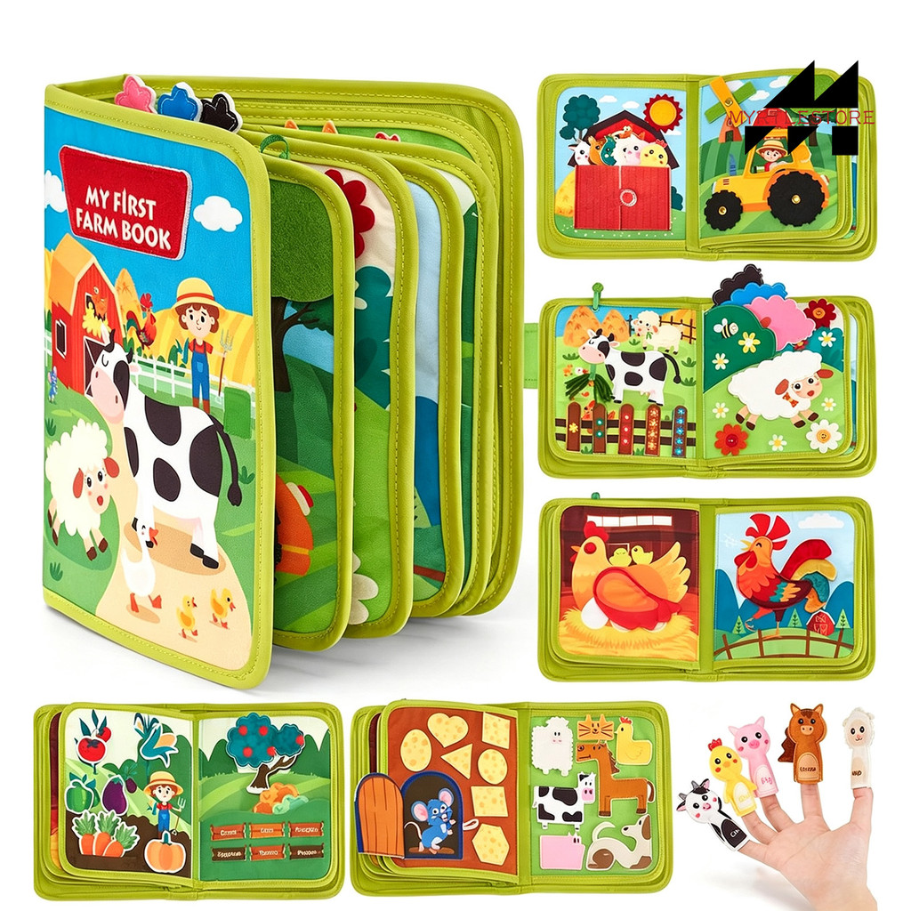 Myrtlestore Montessori Turn Page Busy Book Farm Animal Theme ตะขอแบบถอดได้และห่วงแพทช์ Fine Motor Sk