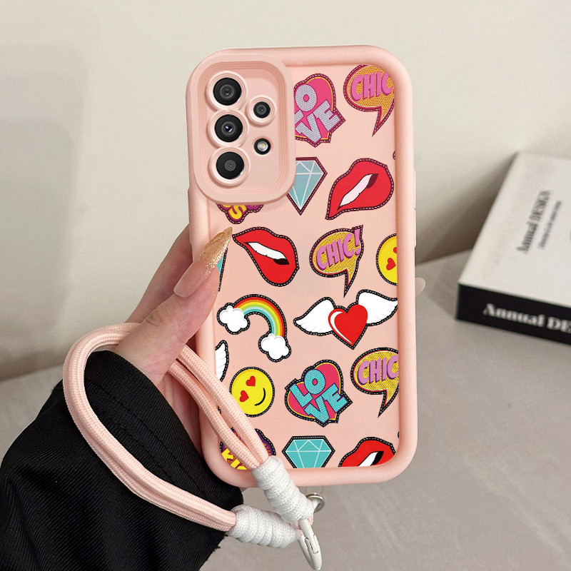 เคสสำหรับ Samsung Galaxy A33 5G A34 5G A53 5G A54 5G A23 A32 เคสโทรศัพท์เพชรรอยยิ้มริมฝีปากสายคล้องสามสีซิลิโคนกันกระแทก