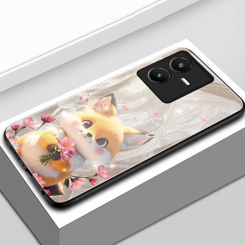 เคสสำหรับ VIVO Y22 Y22s เคสโทรศัพท์ดอกไม้สุนัขแมวเปลือกแก้วกันกระแทก