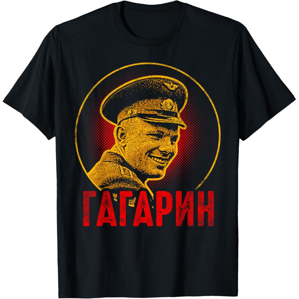 เสื้อยืดผ้าฝ้ายผู้ชาย Yuri Gagarin นักบินอวกาศ Cosmonaut สหภาพโซเวียต Space Cyrillic เสื้อยืดคุณภาพส