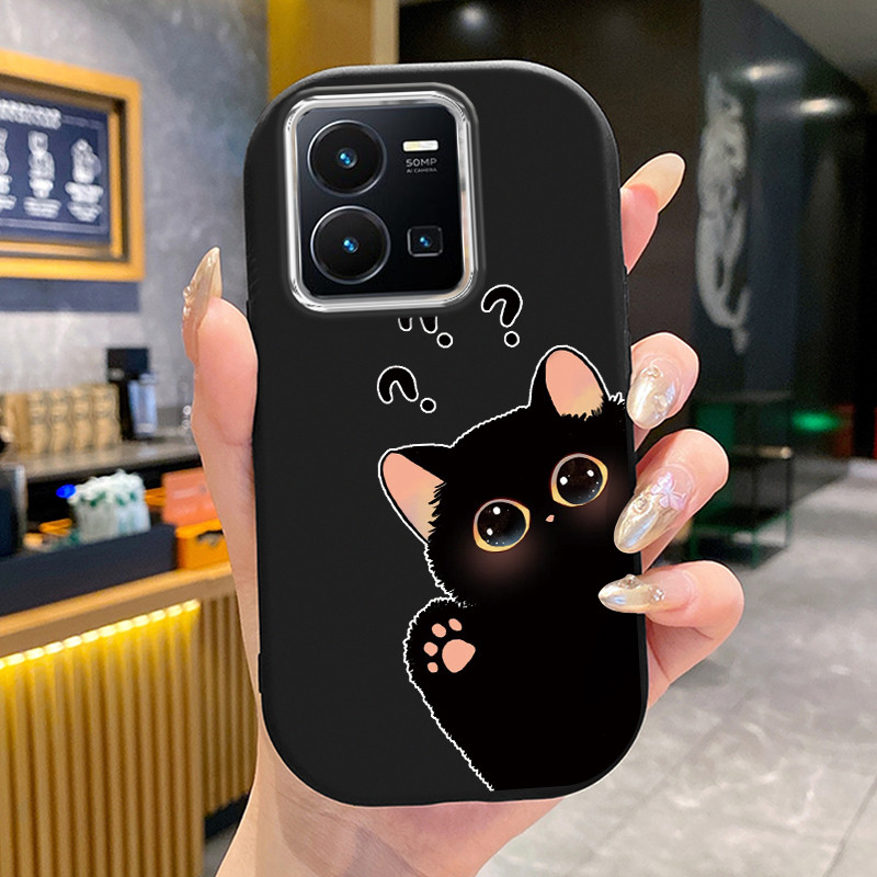 เคสสำหรับ VIVO Y35 4G เคสโทรศัพท์กลมและอ้วนแมวดำเครื่องหมายคำถามเสื้อแจ็กเก็ตผ้านุ่ม