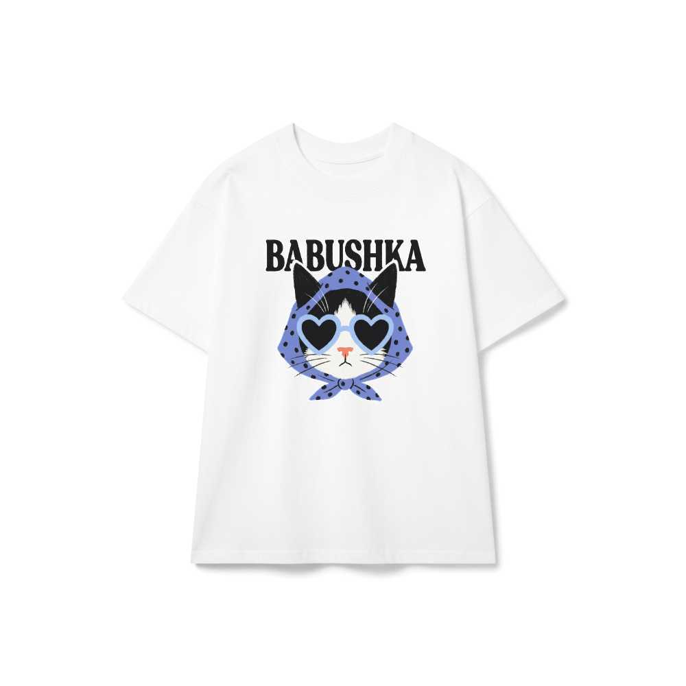BABUSHKA CAT เสื้อยืดผ้าฝ้ายหลวม Unisex Retro French Chic Streetwear - 040926-19-57-RUC