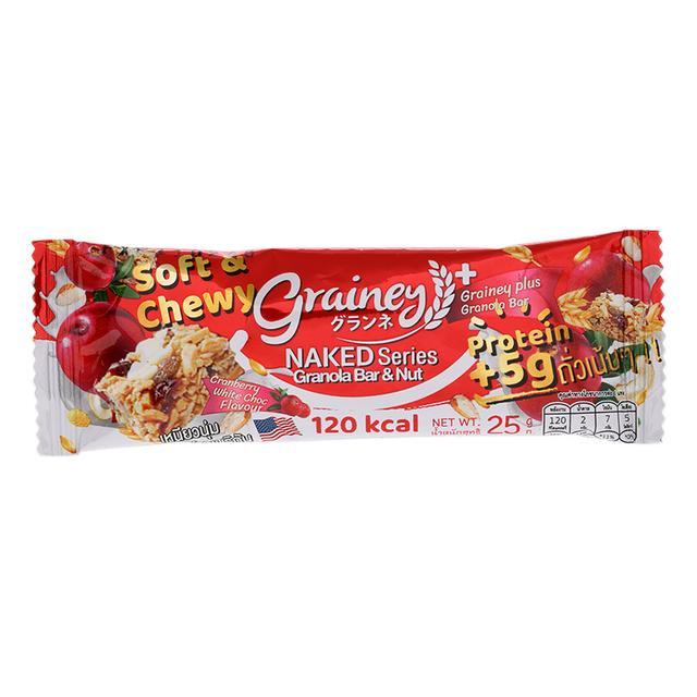 🌋 เกรนเน่ย์พลัสกราโนล่าบาร์รสไวท์ช็อกโกแลตชิพแครนเบอร์รี่ 25กรัม 🌠 Grainey Plus Granola Bar White Ch