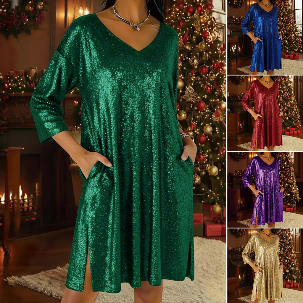 ALY-ผู้หญิงเลื่อมมินิเดรสGlitter 3/4 แขนVคอชุดSparkly Cocktail Party Clubแยกชุดกระเป๋า