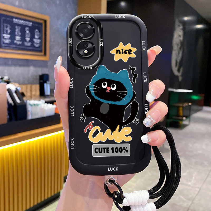 เคสสำหรับ OPPO A18 A38 เคสโทรศัพท์แมวสายคล้องกันกระแทก