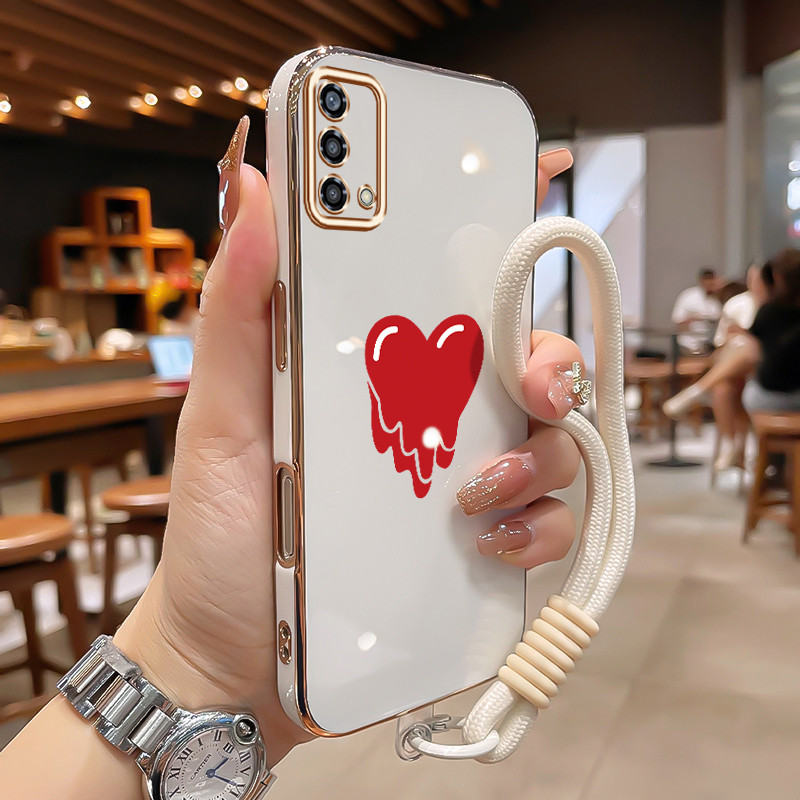 HP MERAH เคสโทรศัพท์สําหรับ OPPO A74 A95 F19 F19s Reno 6 Lite กรณีหัวใจสีแดงละลายกรณีฟรี Lanyard Ces