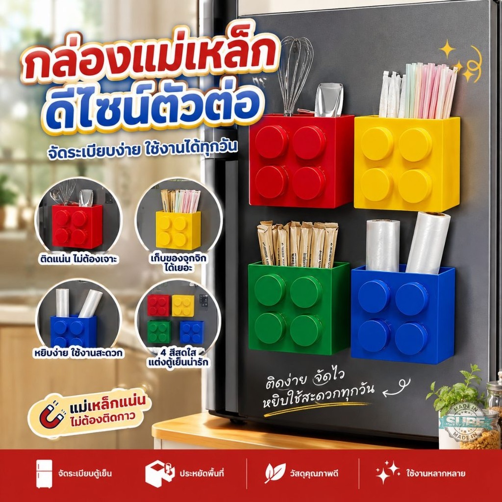 กล่องแม่เหล็กติดตู้เย็นทรงตัวต่อ กล่องจัดระเบียบอเนกประสงค์ ใส่หลอด ซองชา ช้อนส้อม ของจุกจิก ติดง่าย หยิบสะดวก 4 สี