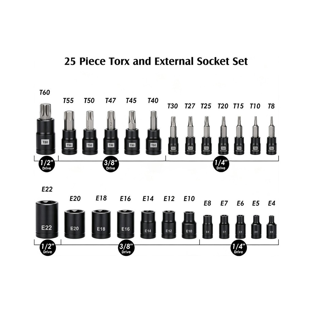 825PCS สําหรับ torx Star ไขควงบิตอะแดปเตอร์ซ็อกเก็ตภายนอก 1/2 3/8 1/4in T8-T60
