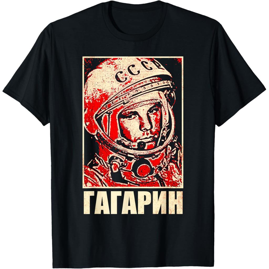 เสื้อยืดผ้าฝ้ายผู้ชาย Yuri Gagarin นักบินอวกาศ Cosmonaut สหภาพโซเวียต Space Cyrillic เสื้อยืดคุณภาพส