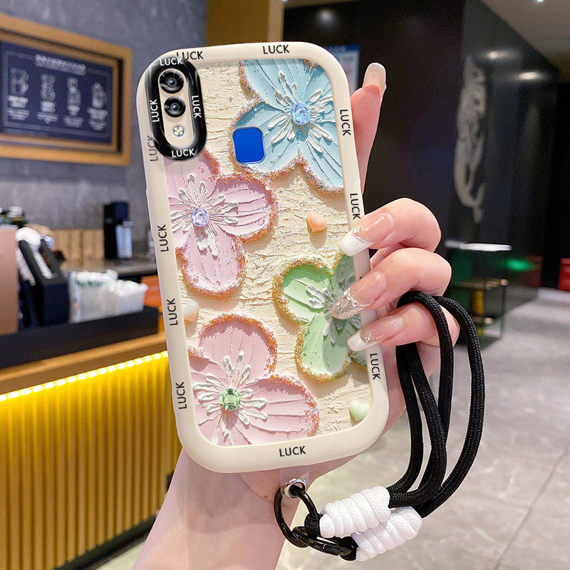 เคสสำหรับ VIVO Y91 Y91i Y93 Y95 Y91C Y1S Y90 เคสโทรศัพท์ดอกไม้ภาพวาดสีน้ำมันซิลิโคนสายคล้องกันกระแทก