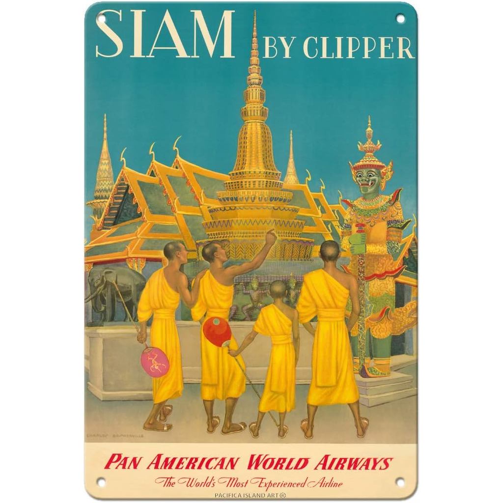 Siam Thailand โดย Clipper Pan American World Airways Monks ที่วัดของพระพุทธรูป Vintage Airline Trave
