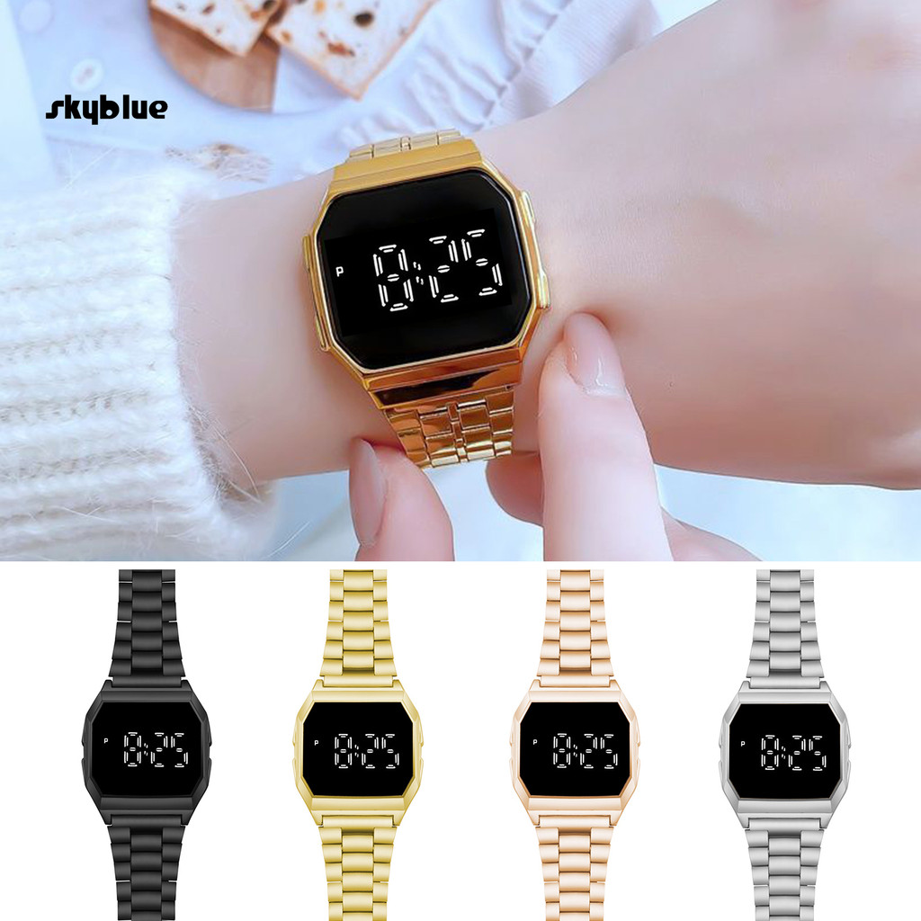 {skyblue.ph}นาฬิกาอิเล็กทรอนิกส์จอแสดงผล LED ดําเนินการหน้าจอสัมผัสสายเหล็กสี่เหลี่ยมผู้ชายผู้หญิงนั