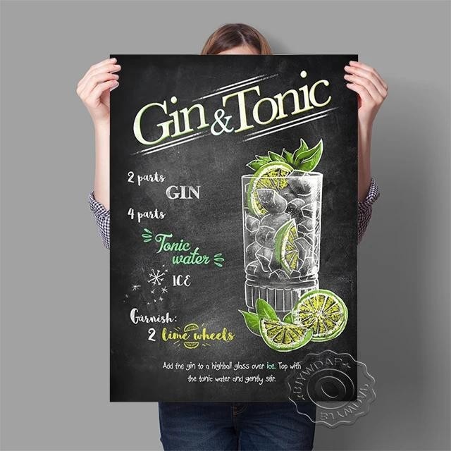 Vintage Cocktail Poster Metal Plate - Martini, Daiquiri, Gimlet, Gin & Tonic Wall Art สําหรับกาแฟ, K