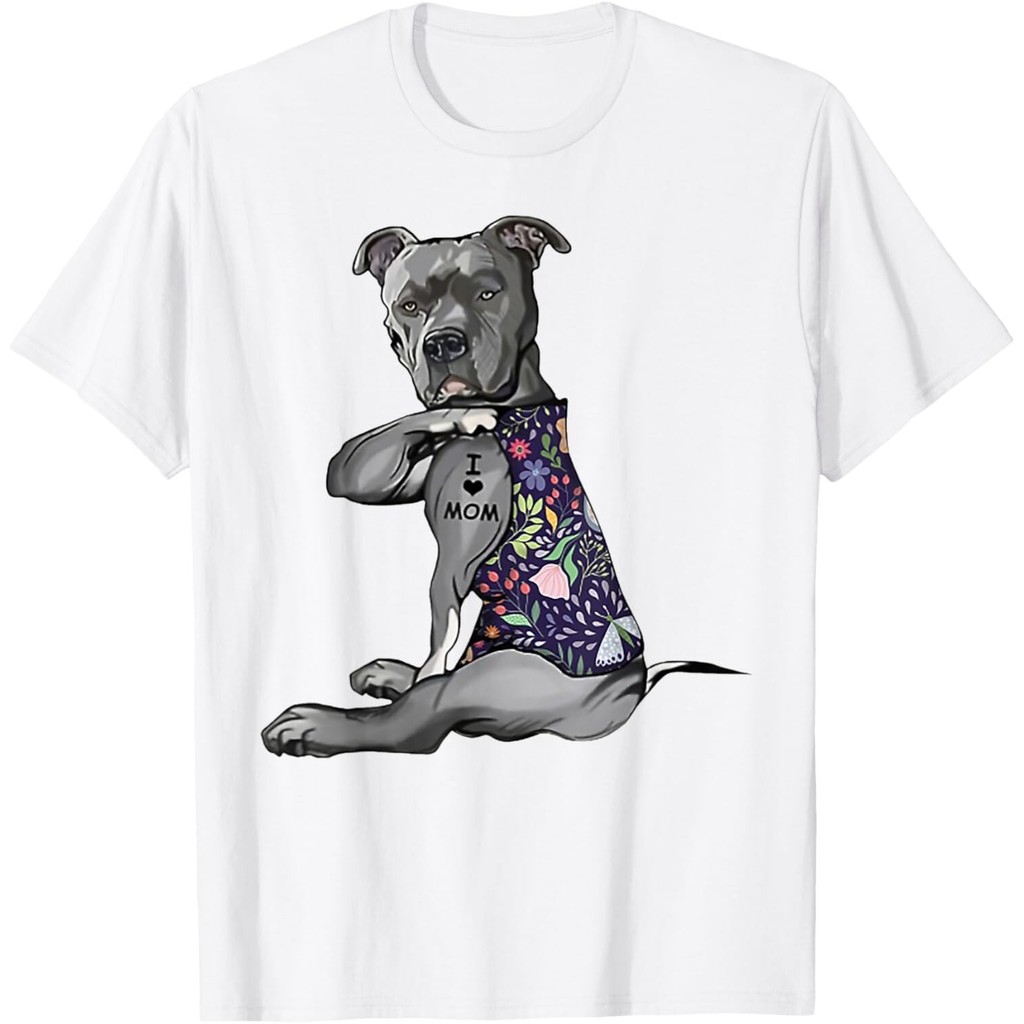 ตลกสุนัข Pitbull I Love Mom ตลก Pitbull Tattooed ตลกเสื้อยืด Unisex